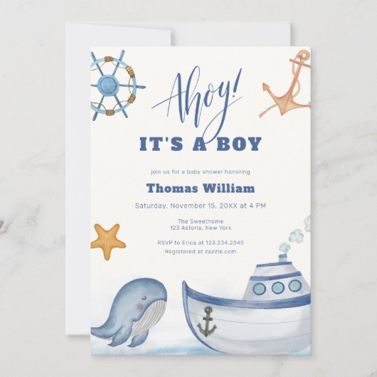 Ahoy Het is een Boy Whale Sailboat Baby shower Kaart (Voorkant)