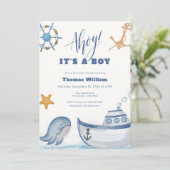 Ahoy Het is een Boy Whale Sailboat Baby shower Kaart (Staand voorkant)