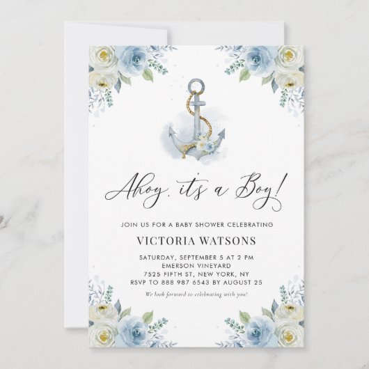 Ahoy Het is een Jongen Anchor Floral Nautical Baby Kaart (Voorkant)