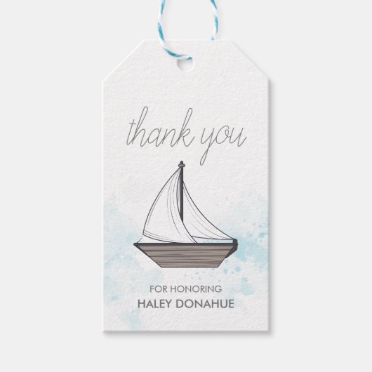 Ahoy. Het is een jongen! Baby Sailboot Hartelijk d Cadeaulabel (Voorkant)