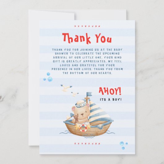 Ahoy het is een jongen baby shower bedankt kaart (Voorkant)