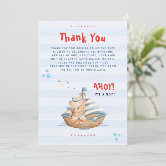 Ahoy het is een jongen baby shower bedankt kaart (Staand voorkant)