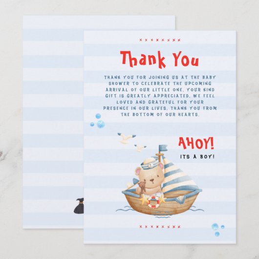 Ahoy het is een jongen baby shower bedankt kaart (Voorkant / Achterkant)