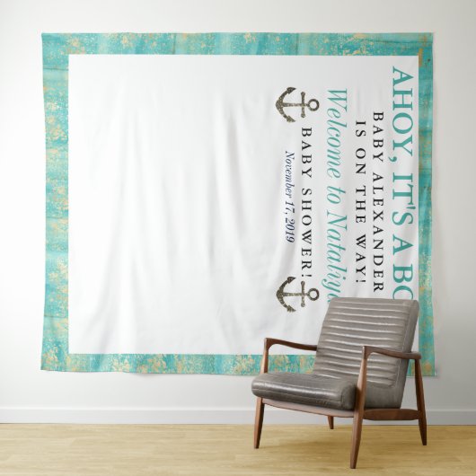 Ahoy het is een jongen Baby Shower Blauwe Oceaan Z Wandkleed (In Situ (horizontaal))