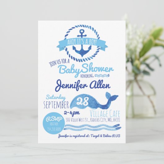 Ahoy Het is een jongen! Baby shower Uitnodiging (Staand voorkant)