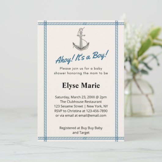 Ahoy. Het is een jongen! Baby shower Uitnodiging (Staand voorkant)