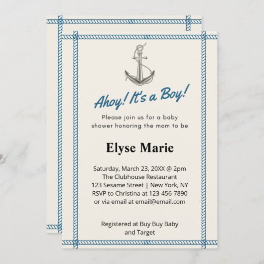 Ahoy. Het is een jongen! Baby shower Uitnodiging (Voorkant / Achterkant)