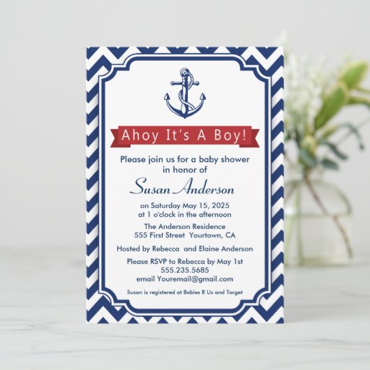 Ahoy. Het is een jongen! baby shower Uitnodiging (Staand voorkant)