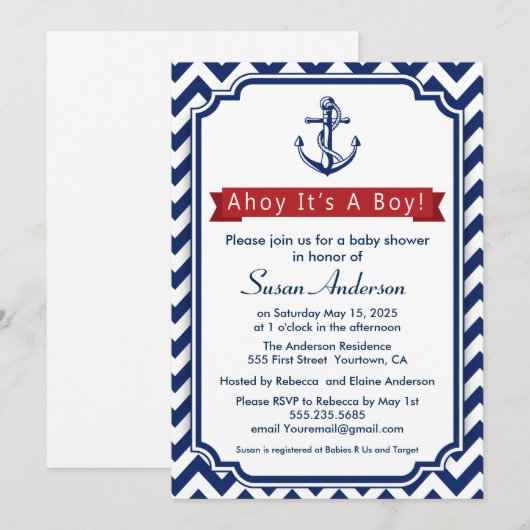 Ahoy. Het is een jongen! baby shower Uitnodiging (Voorkant / Achterkant)