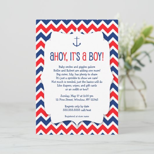 Ahoy het is een jongen baby sprinkle invite / naut kaart (Staand voorkant)