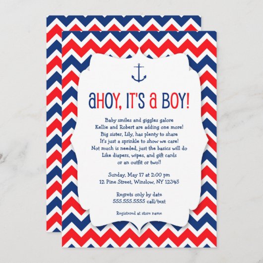 Ahoy het is een jongen baby sprinkle invite / naut kaart (Voorkant / Achterkant)