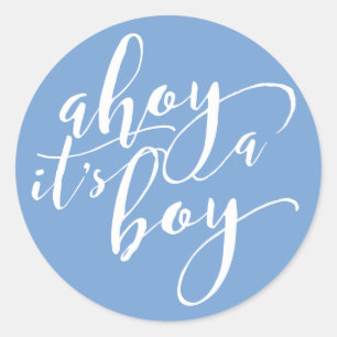 Ahoy Het is een Jongen Blauw Baby shower Aankondig Ronde Sticker