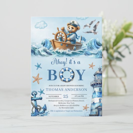 Ahoy het is een jongen blauw en bruin teddybeer ze kaart (Staand voorkant)