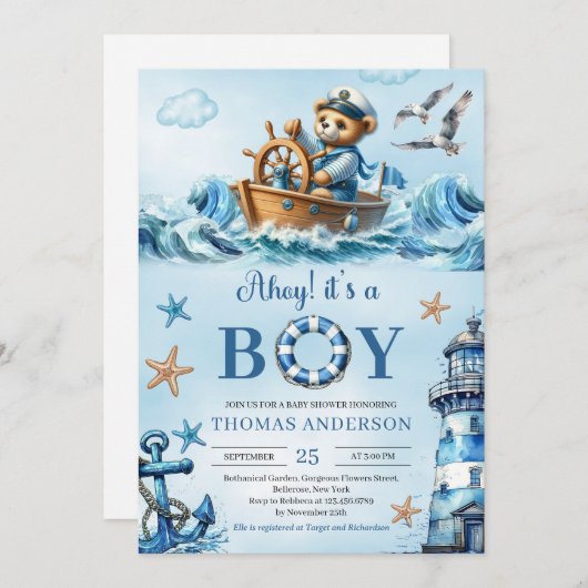 Ahoy het is een jongen blauw en bruin teddybeer ze kaart (Voorkant / Achterkant)