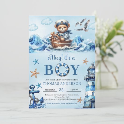 Ahoy het is een jongen blauw en bruin teddybeer ze kaart (Staand voorkant)