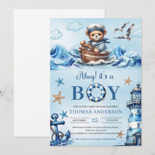 Ahoy het is een jongen blauw en bruin teddybeer ze kaart (Voorkant / Achterkant)