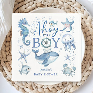 Ahoy het is een jongen Blauw maritiem zeiler baby Servet