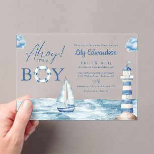 Ahoy het is een jongen Blauw Scheepvaart Thema Bab Acryl Uitnodigingen