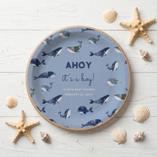 Ahoy, het is een jongen Blauwe Walvis Baby Shower Papieren Bordje