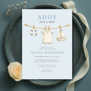 Ahoy het is een jongen blauwe waslijn baby shower kaart