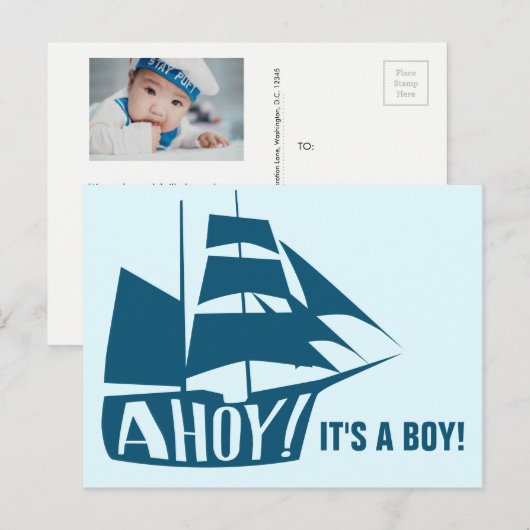 Ahoy, het is een jongen! Blue Nautical Threadtic B Briefkaart (Voorkant / Achterkant)