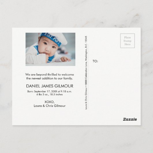 Ahoy, het is een jongen! Blue Nautical Threadtic B Briefkaart (Achterkant)