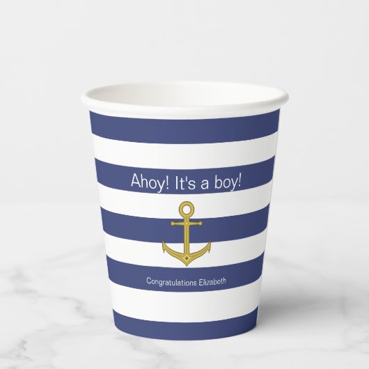 Ahoy. Het is een jongen! Blue White Nautical Baby  Papieren Bekers (Achterkant)