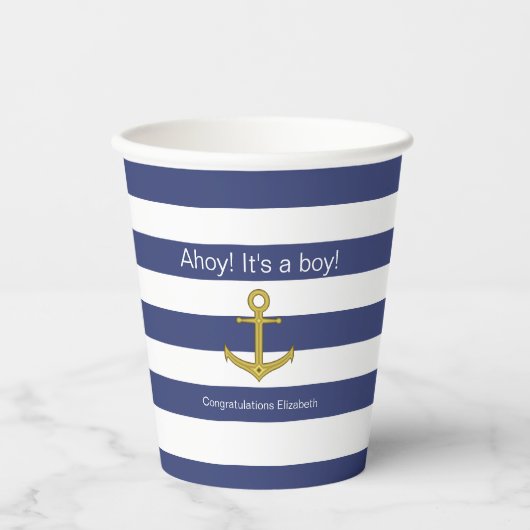 Ahoy. Het is een jongen! Blue White Nautical Baby  Papieren Bekers (Voorkant)