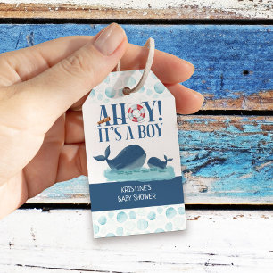 Ahoy Het is een jongen Happy Whales gepersonalisee Cadeaulabel