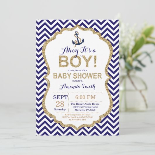 Ahoy, het is een jongen! Nautical Baby shower Invi Kaart (Staand voorkant)