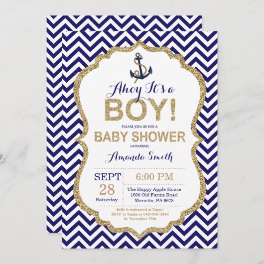 Ahoy, het is een jongen! Nautical Baby shower Invi Kaart (Voorkant / Achterkant)