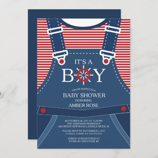 Ahoy, het is een jongen! Nautical Baby shower Invi Kaart (Voorkant / Achterkant)