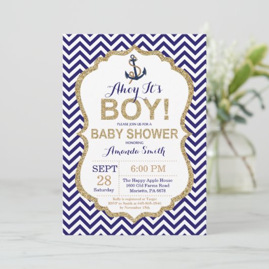 Ahoy, het is een jongen! Nautical Baby shower Invi Kaart (Staand voorkant)