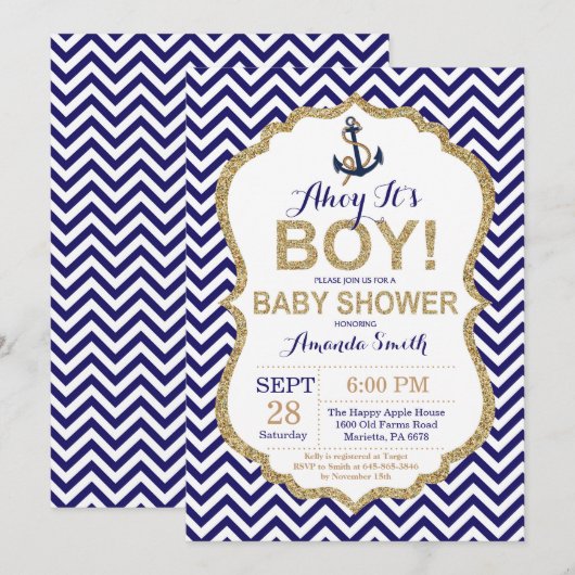 Ahoy, het is een jongen! Nautical Baby shower Invi Kaart (Voorkant / Achterkant)