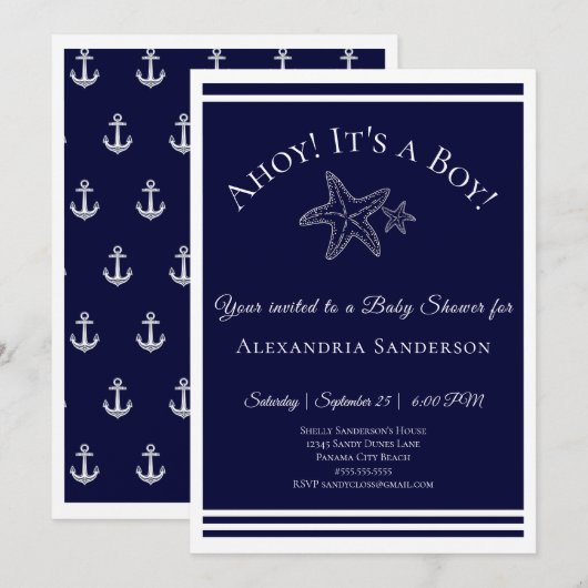 Ahoy, het is een jongen! Nautical Baby shower Invi Kaart (Voorkant / Achterkant)