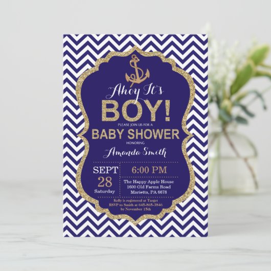 Ahoy, het is een jongen! Nautical Baby shower Invi Kaart (Staand voorkant)