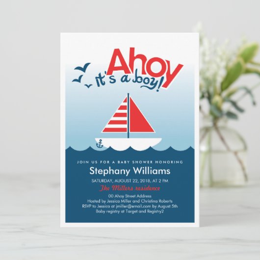 Ahoy het is een Jongen Nautical Baby shower Invite Kaart (Staand voorkant)