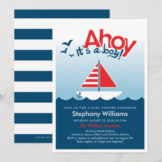 Ahoy het is een Jongen Nautical Baby shower Invite Kaart (Voorkant / Achterkant)