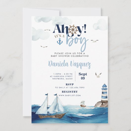 Ahoy. Het is een Jongen Nautical Baby shower Uitno Kaart (Voorkant)