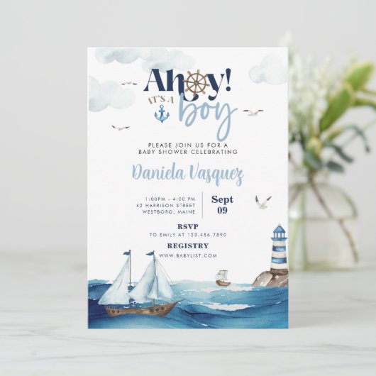 Ahoy. Het is een Jongen Nautical Baby shower Uitno Kaart (Staand voorkant)
