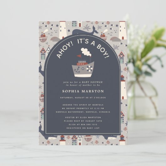 Ahoy het is een jongen Nautical blauwe baby shower Kaart (Staand voorkant)