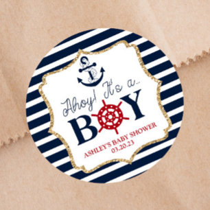 Ahoy Het is een jongen Nautical Blue Baby shower F Ronde Sticker