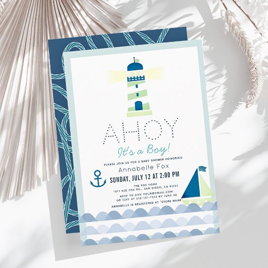 Ahoy Het is een jongen Nautical Blue Baby shower Kaart