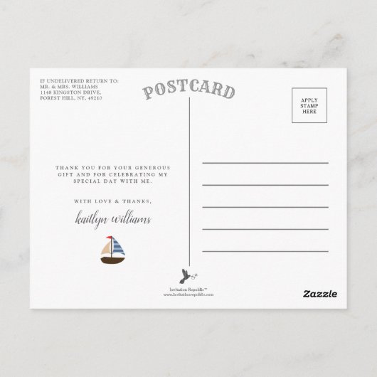 Ahoy, het is een jongen! Nautical Boat Baby Dank u Briefkaart (Achterkant)