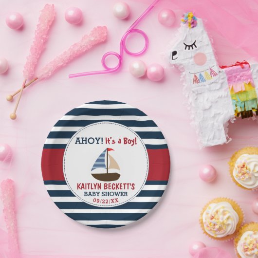 Ahoy, het is een jongen! Nautical Boat Baby shower Papieren Bordje (Feest)