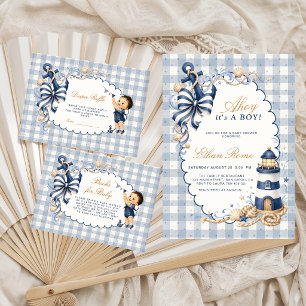 Ahoy het is een jongen Nautical Gingham Luier Raff Informatiekaartje