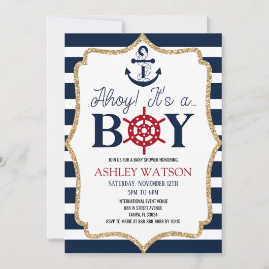 Ahoy, het is een jongen! Nautical Navy Blue Baby s Kaart (Voorkant)