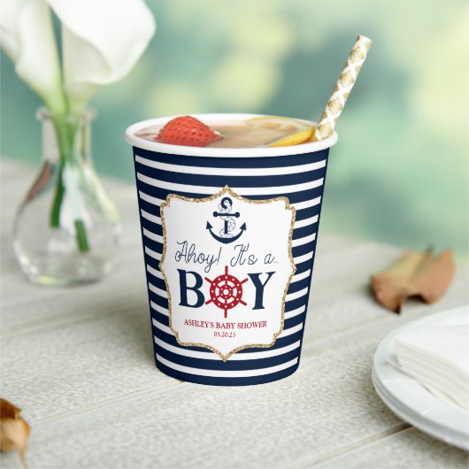 Ahoy Het is een jongen Nautical Navy Blue Baby sho Papieren Bekers (Insitu)