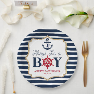Ahoy Het is een jongen Nautical Navy Blue Baby sho Papieren Bordje