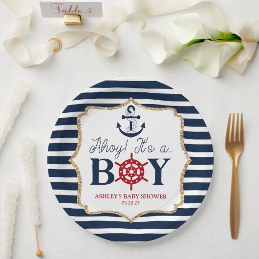 Ahoy Het is een jongen Nautical Navy Blue Baby sho Papieren Bordje (Huwelijk)